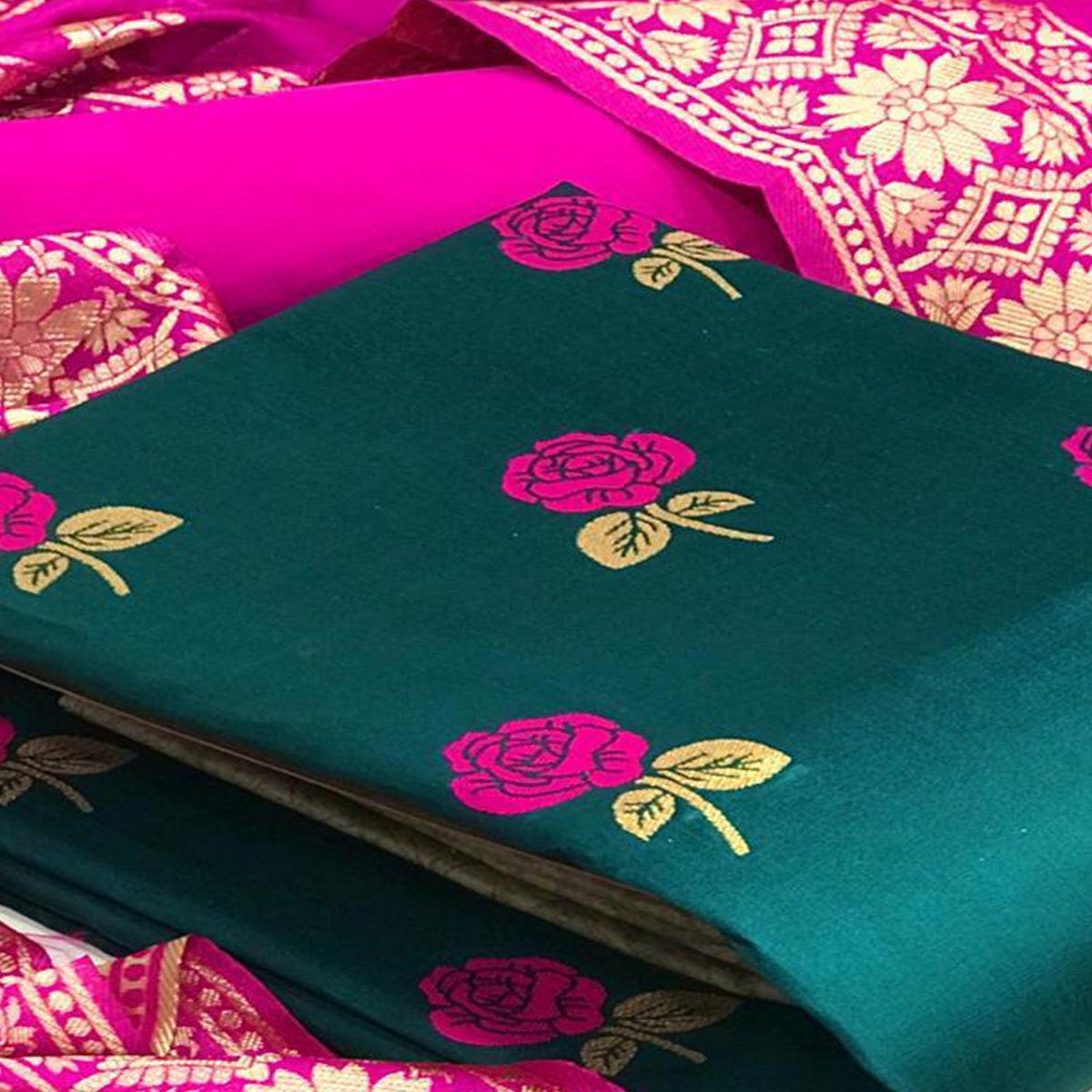 Arresting Rama Colored Casual Woven Banarasi Silk Dress Material - Peachmode