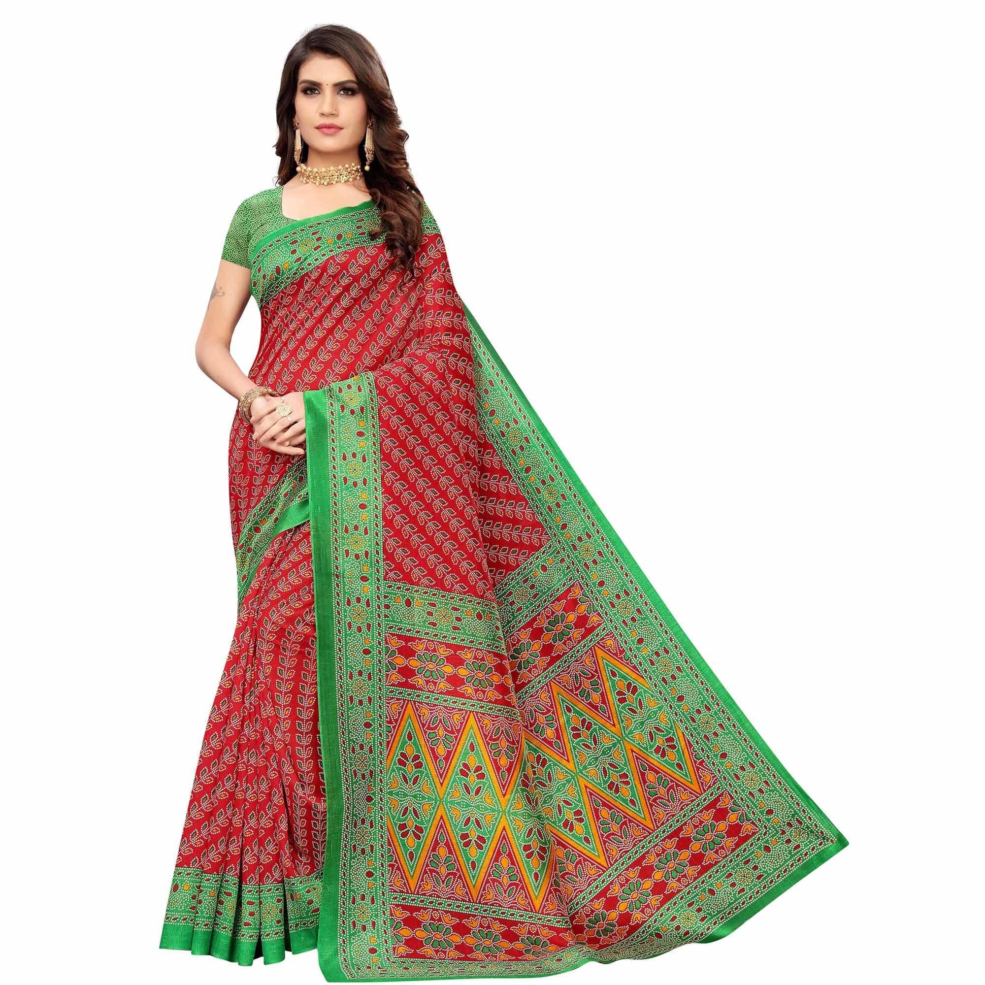 Arresting Red Colored Casual Wear Printed Art Silk Saree - Peachmode