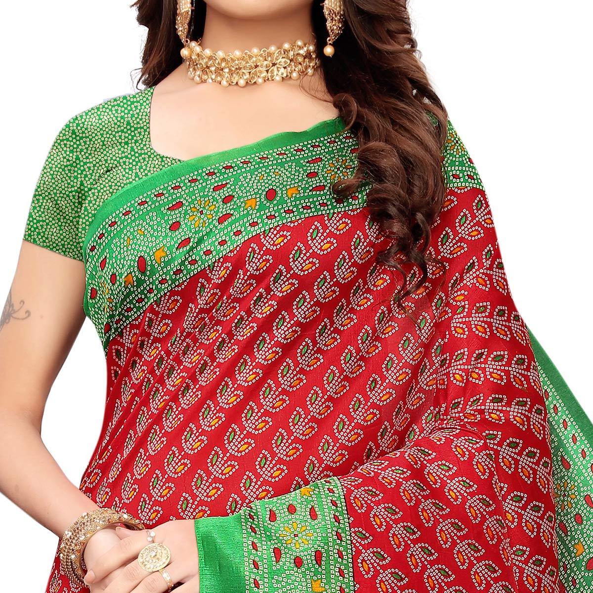 Arresting Red Colored Casual Wear Printed Art Silk Saree - Peachmode