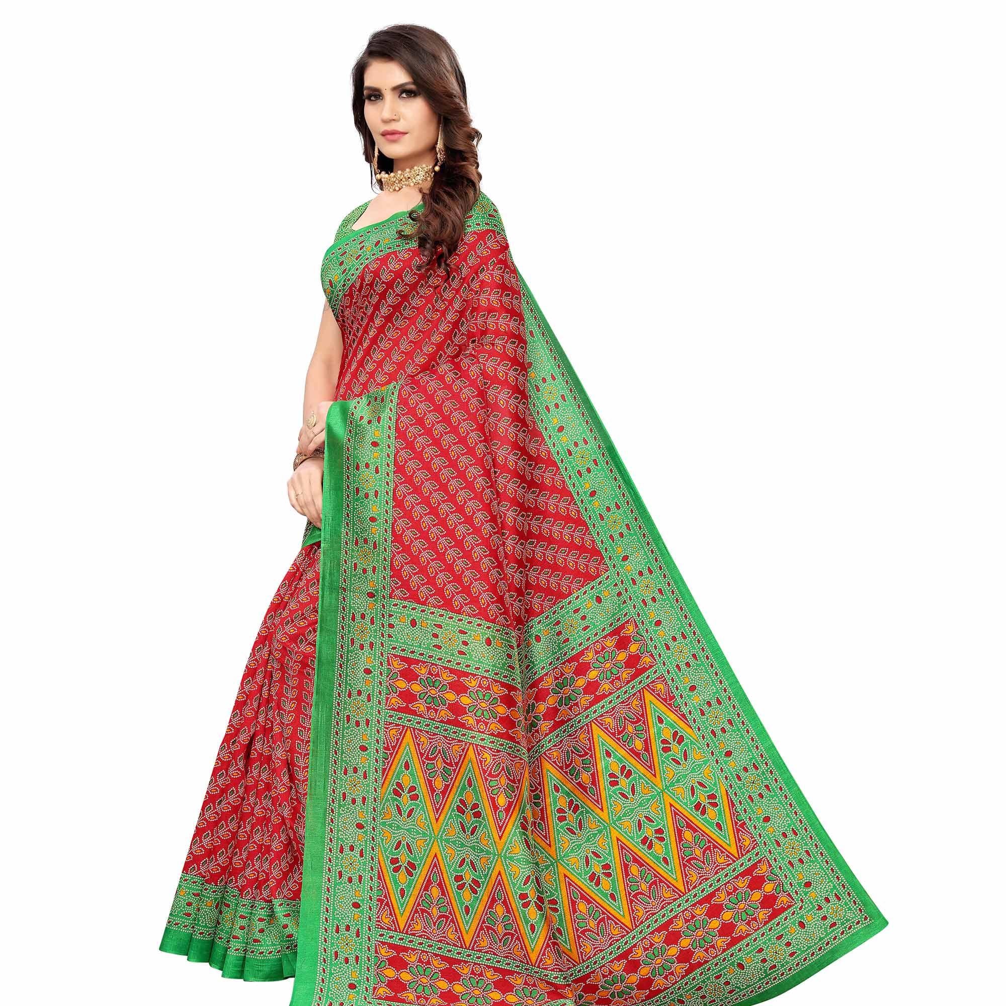 Arresting Red Colored Casual Wear Printed Art Silk Saree - Peachmode