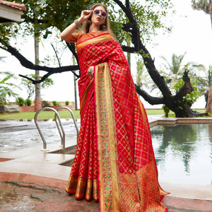 Arresting Red Colored Festive Wear Woven Silk Saree - Peachmode