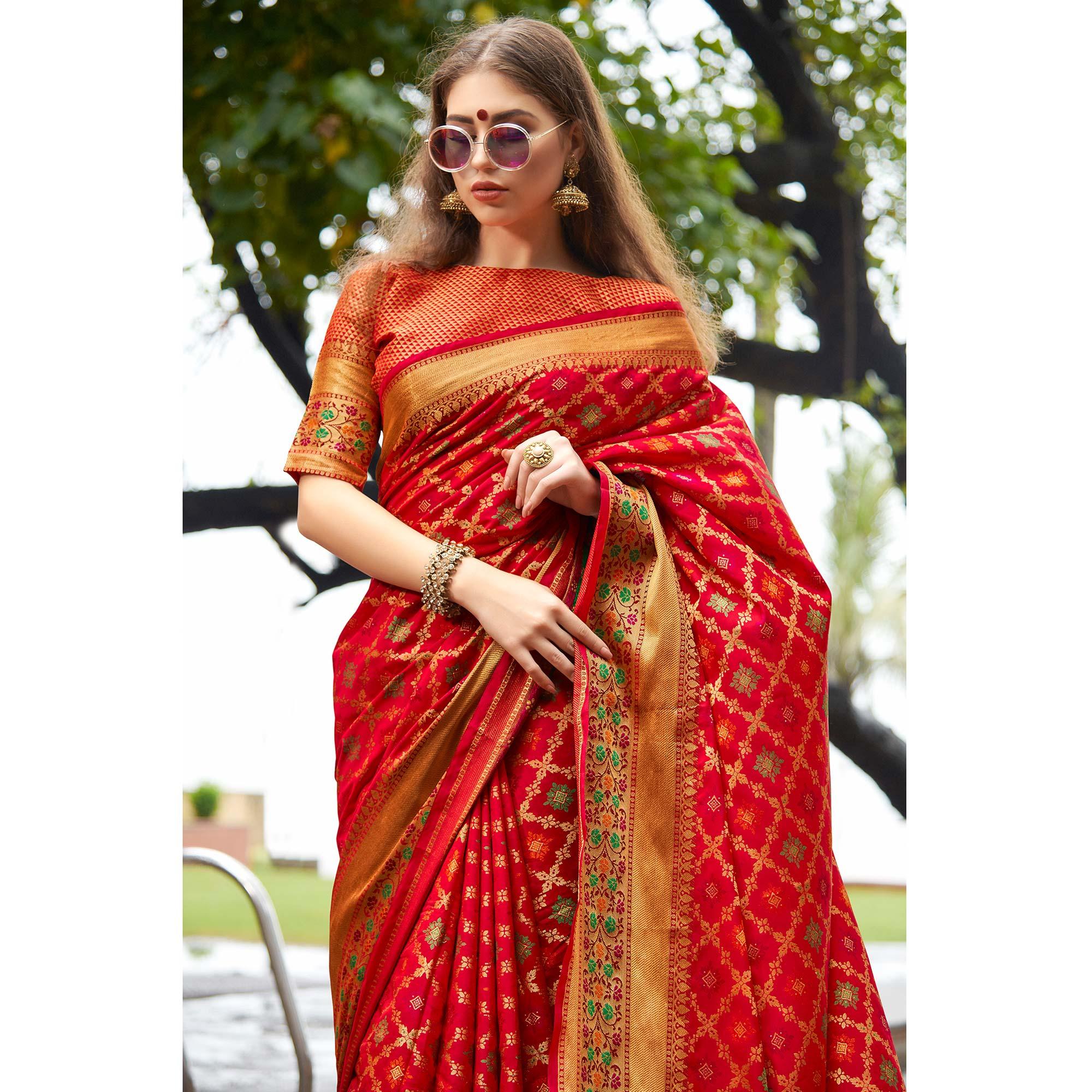 Arresting Red Colored Festive Wear Woven Silk Saree - Peachmode