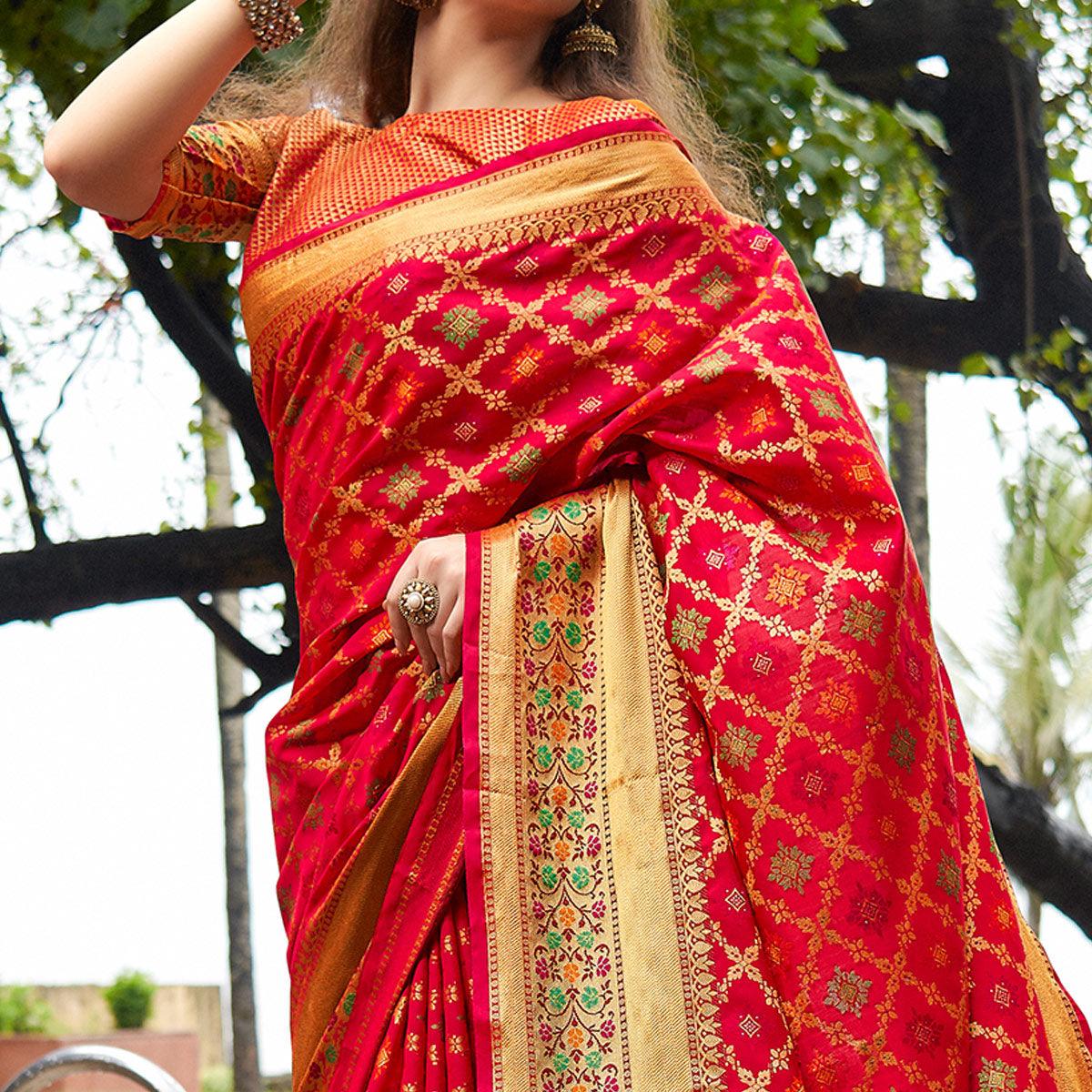 Arresting Red Colored Festive Wear Woven Silk Saree - Peachmode