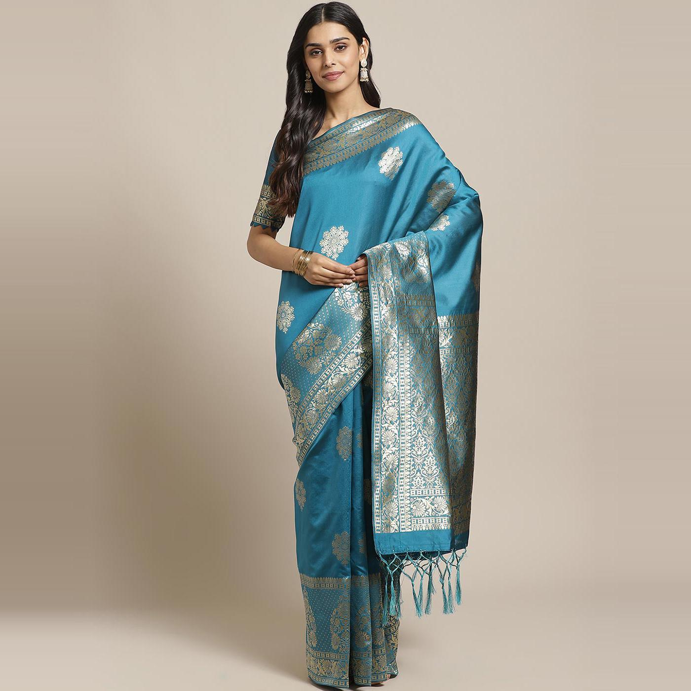 Arresting Teal Blue Colored Festive Wear Woven Silk Blend Saree - Peachmode