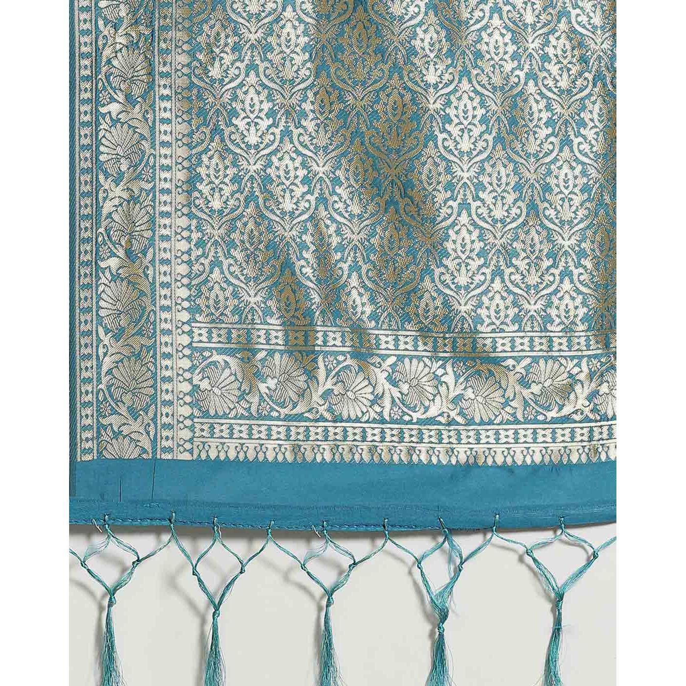 Arresting Teal Blue Colored Festive Wear Woven Silk Blend Saree - Peachmode