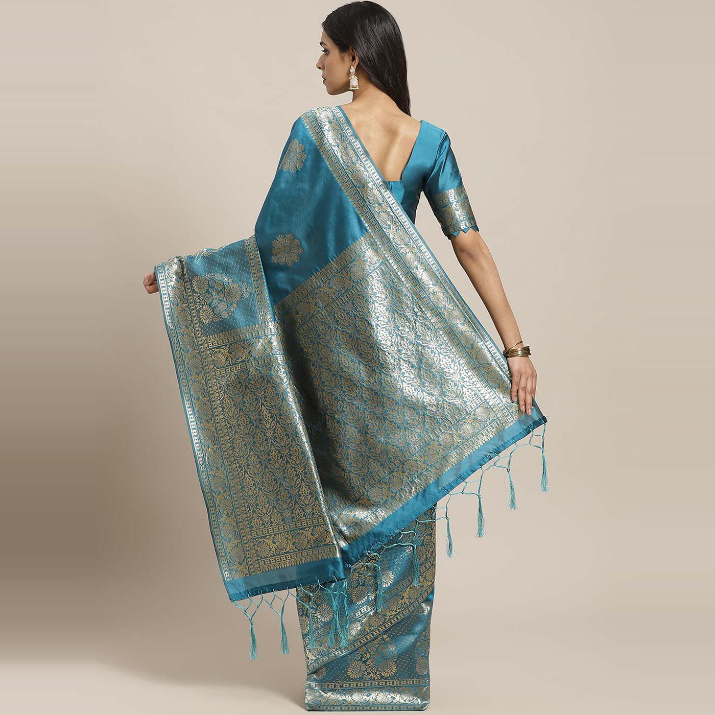 Arresting Teal Blue Colored Festive Wear Woven Silk Blend Saree - Peachmode