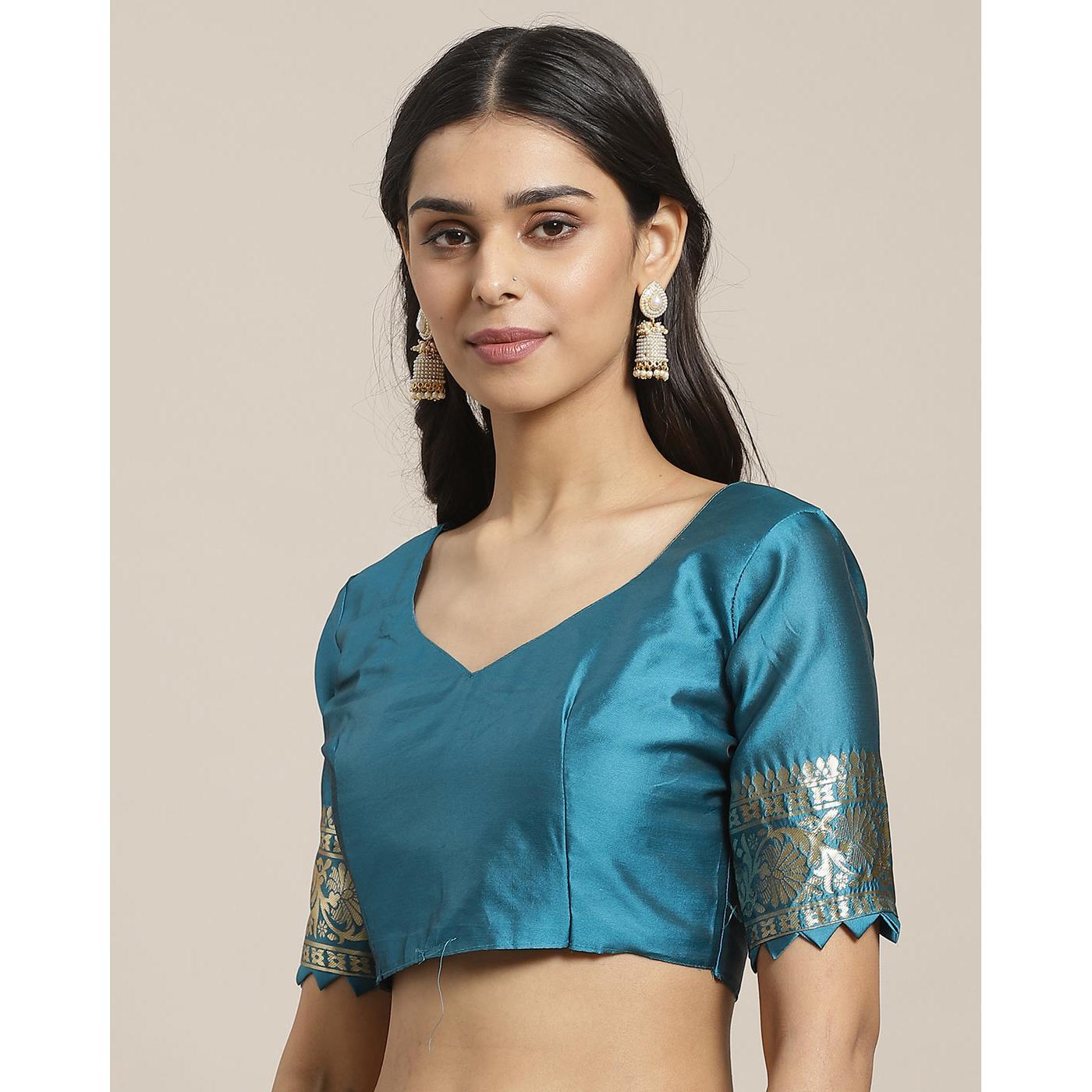Arresting Teal Blue Colored Festive Wear Woven Silk Blend Saree - Peachmode