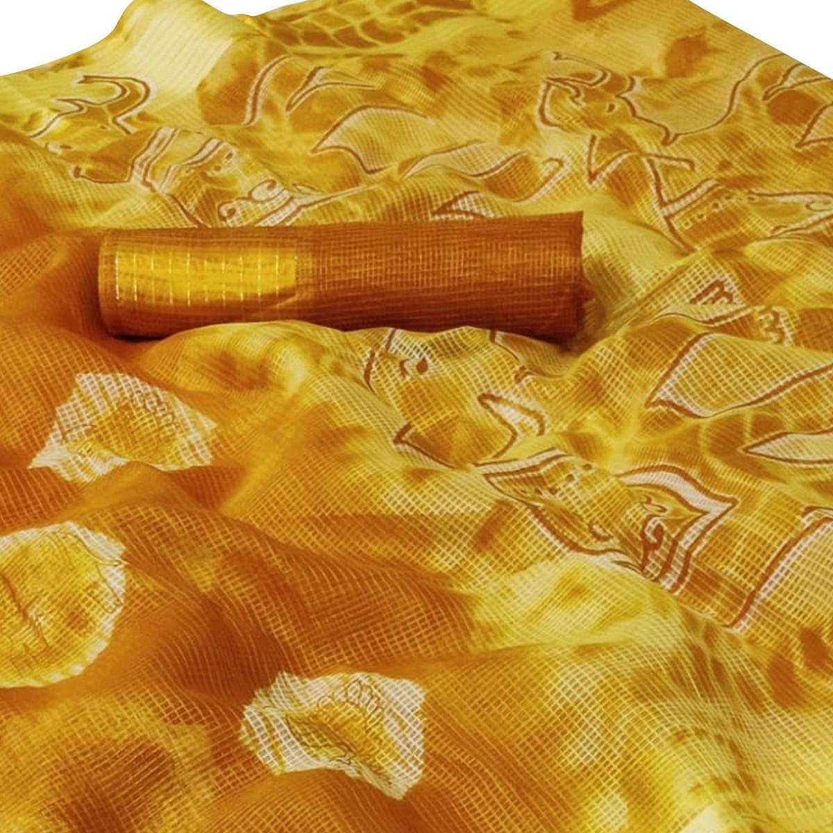 Arresting Yellow Colored Casual Wear Printed Silk Saree - Peachmode