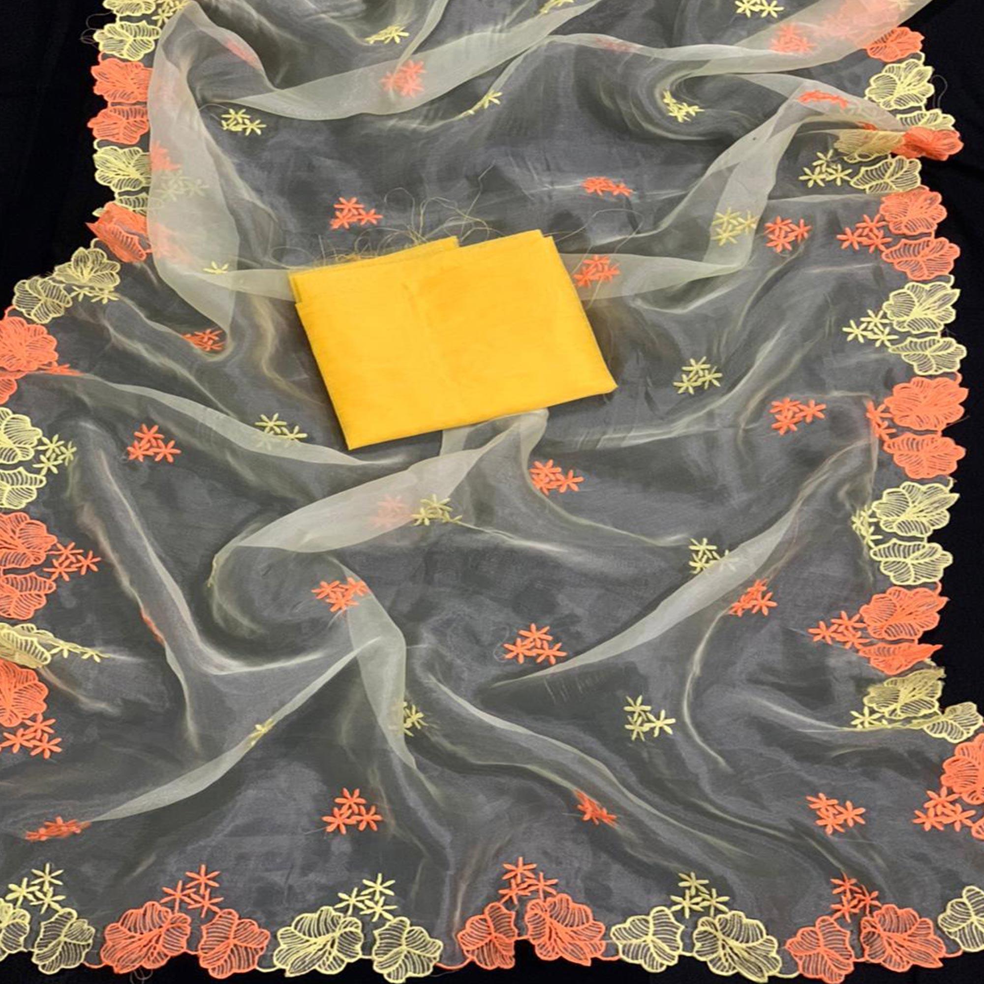 Arresting Yellow Colored Partywear Embroidered Pure Organza Saree - Peachmode