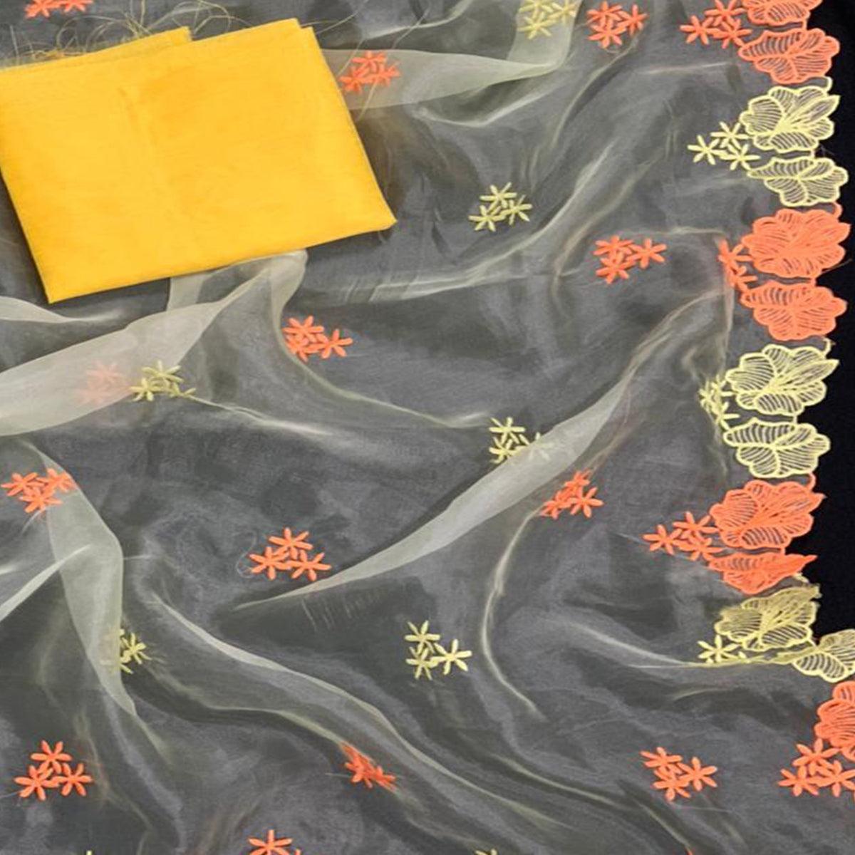 Arresting Yellow Colored Partywear Embroidered Pure Organza Saree - Peachmode