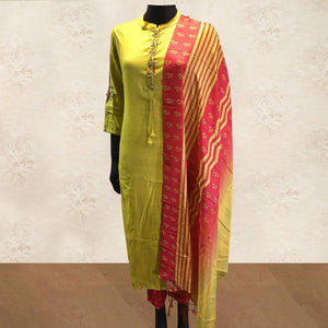 Arresting Yellow Colored Partywear Handwork Cotton Kurti-Palazzo Set With Dupatta - Peachmode
