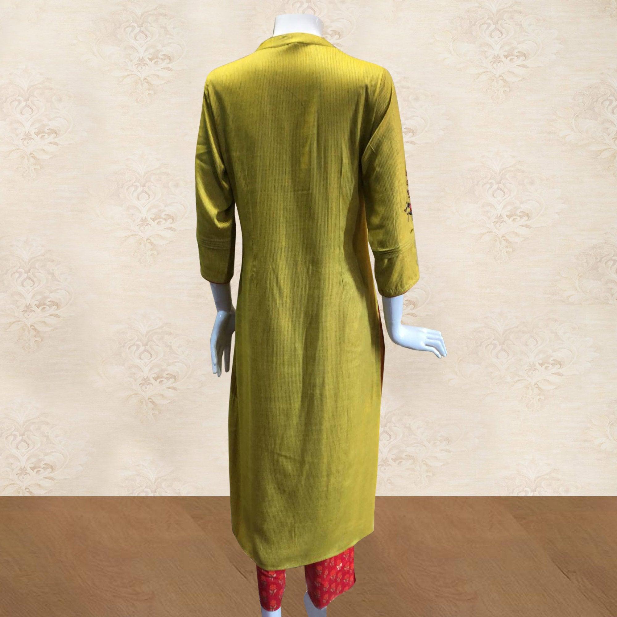 Arresting Yellow Colored Partywear Handwork Cotton Kurti-Palazzo Set With Dupatta - Peachmode