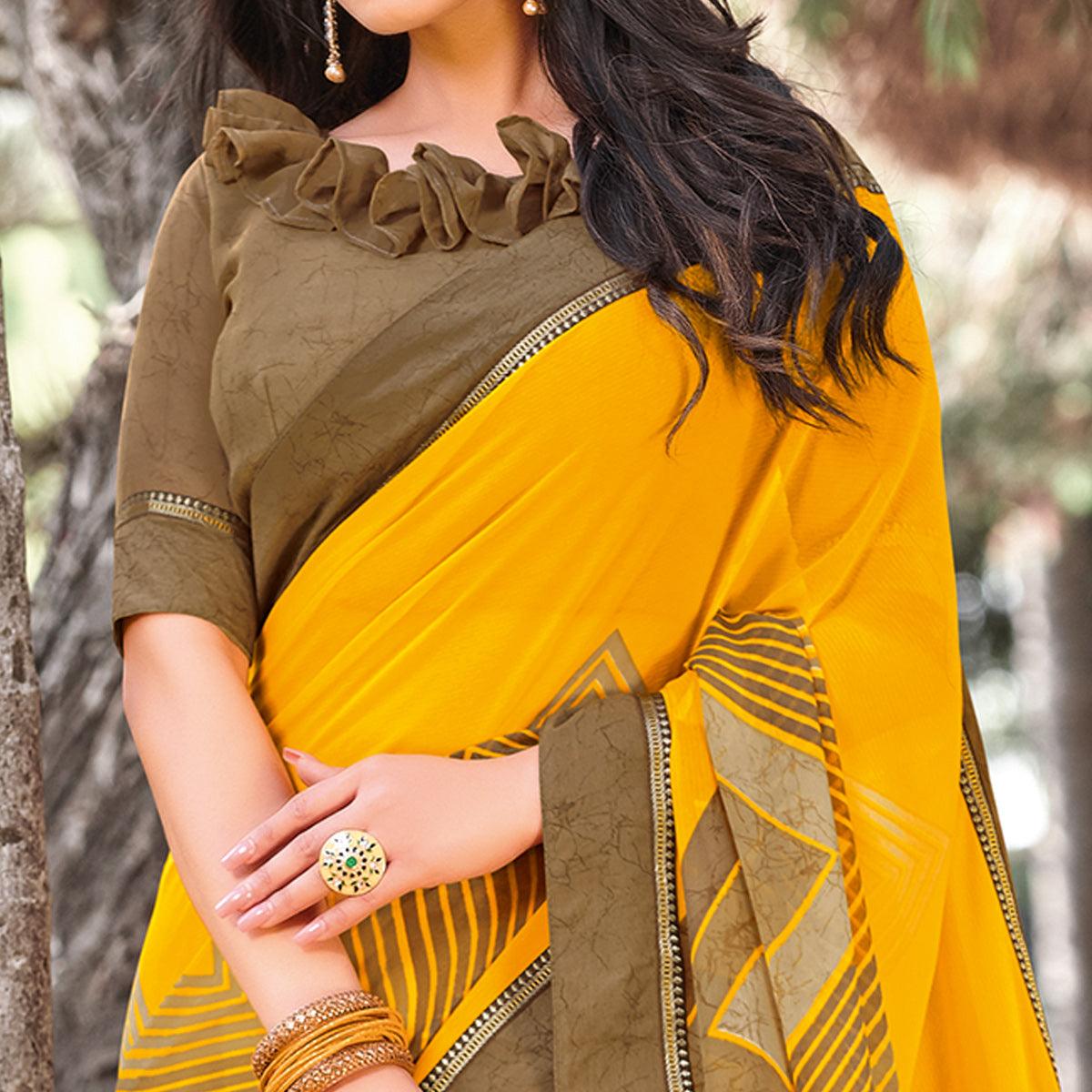 Arresting Yellow Colored Partywear Printed Georgette Saree - Peachmode