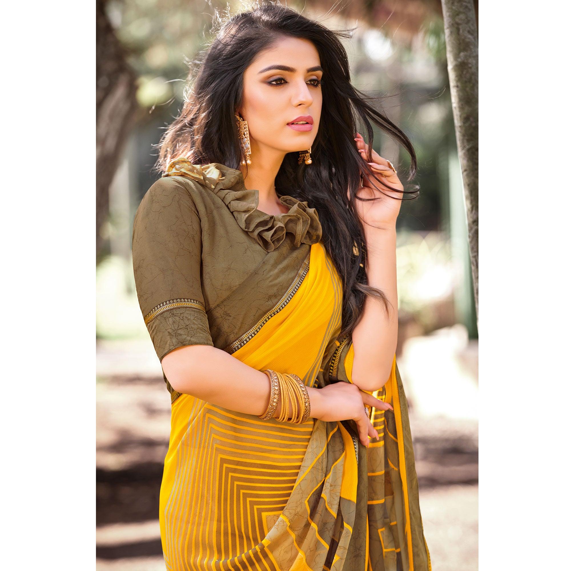 Arresting Yellow Colored Partywear Printed Georgette Saree - Peachmode