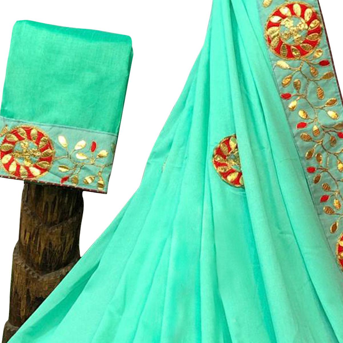 Attractive Aqua Green Colored Partywear Embroidered Art Silk Saree - Peachmode