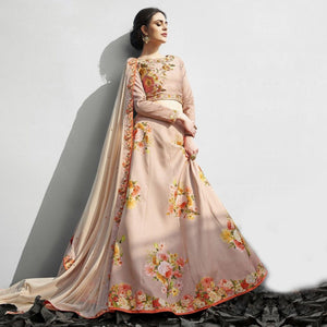 Attractive Beige Colored Designer Partywear Embroidered Silk Lehenga Choli - Peachmode