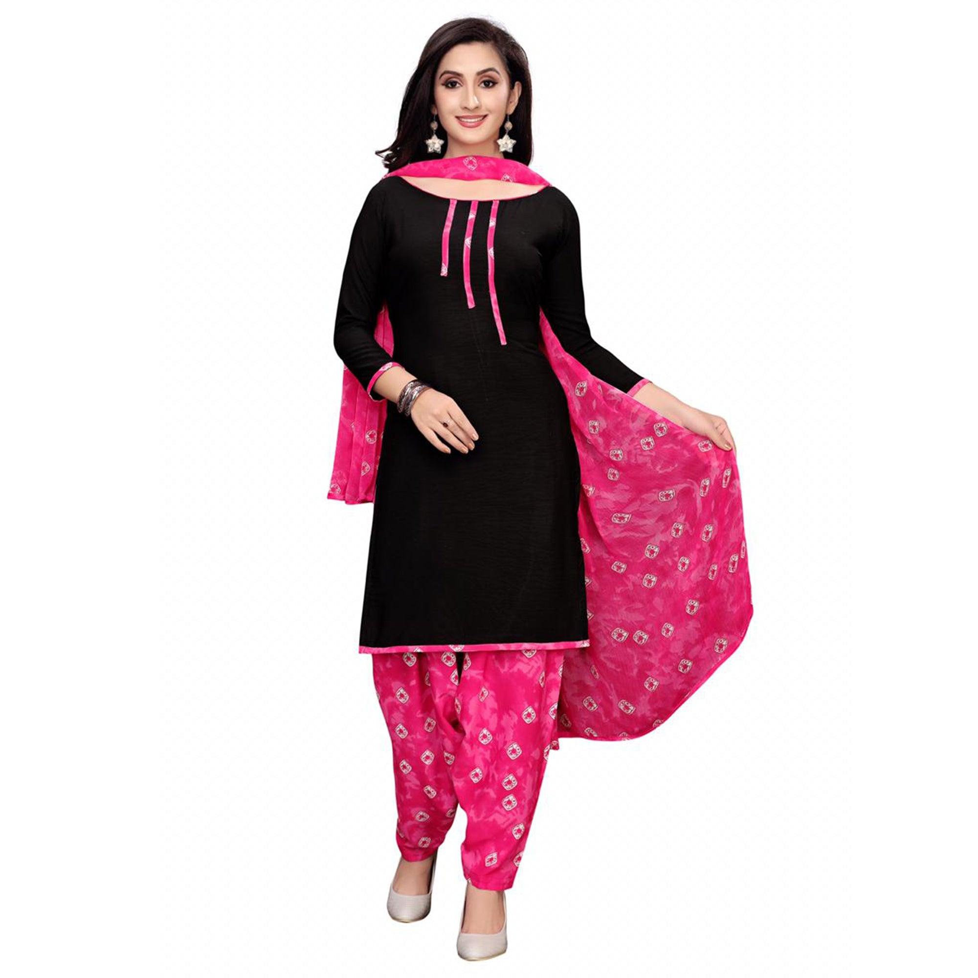 Attractive Black & Pink Colored Casual Wear Printed Crepe Salwar Suit - Peachmode