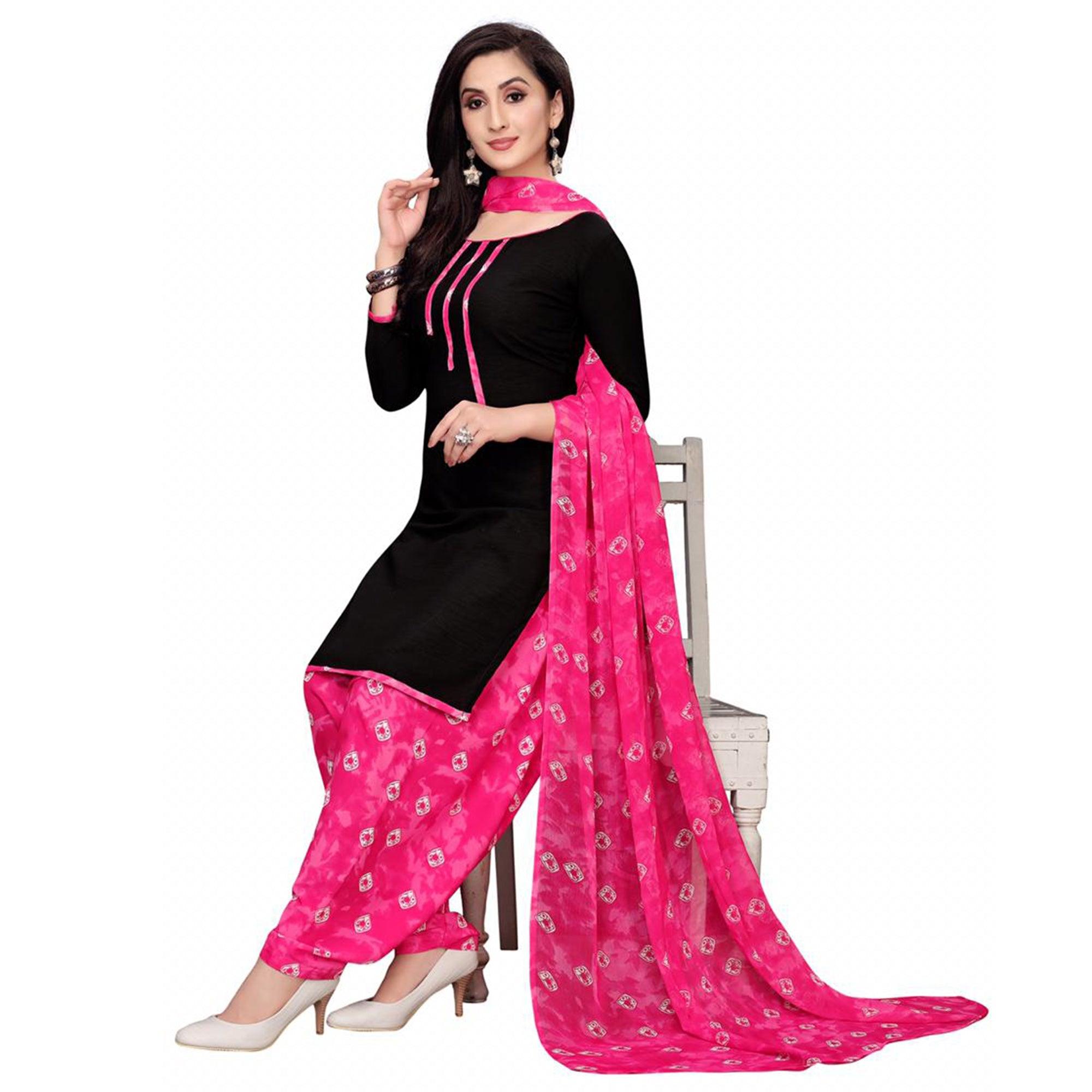 Attractive Black & Pink Colored Casual Wear Printed Crepe Salwar Suit - Peachmode