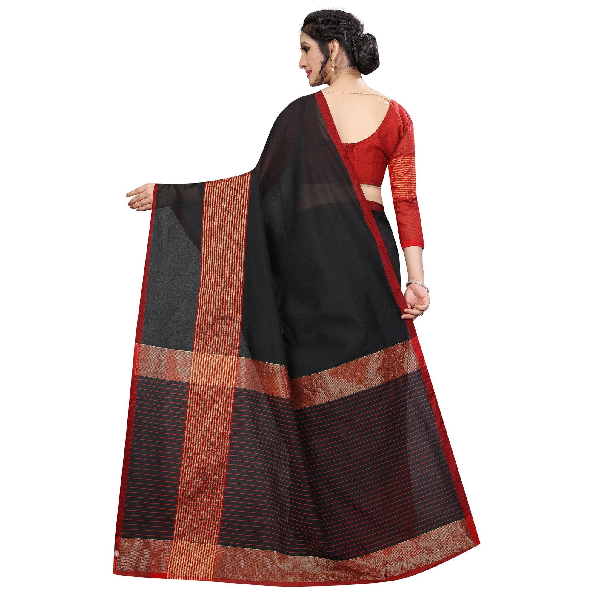 Attractive Black Colored Festive Wear Cotton Saree - Peachmode
