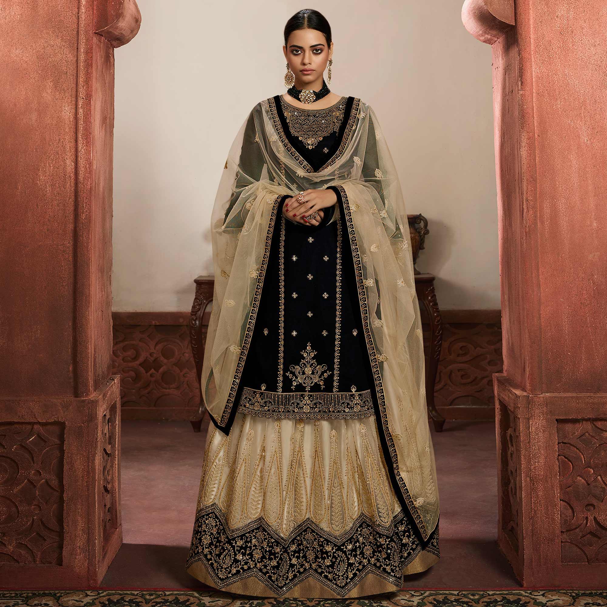 Attractive Black Coloured Partywear Embroidered Faux Georgette Sharara Style Salwar Suit - Peachmode
