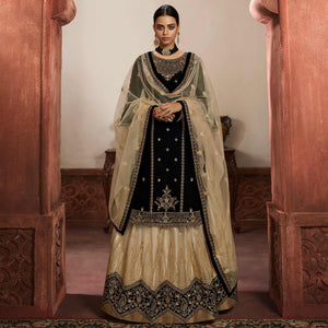 Attractive Black Coloured Partywear Embroidered Faux Georgette Sharara Style Salwar Suit - Peachmode