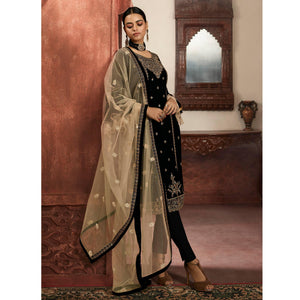 Attractive Black Coloured Partywear Embroidered Faux Georgette Sharara Style Salwar Suit - Peachmode