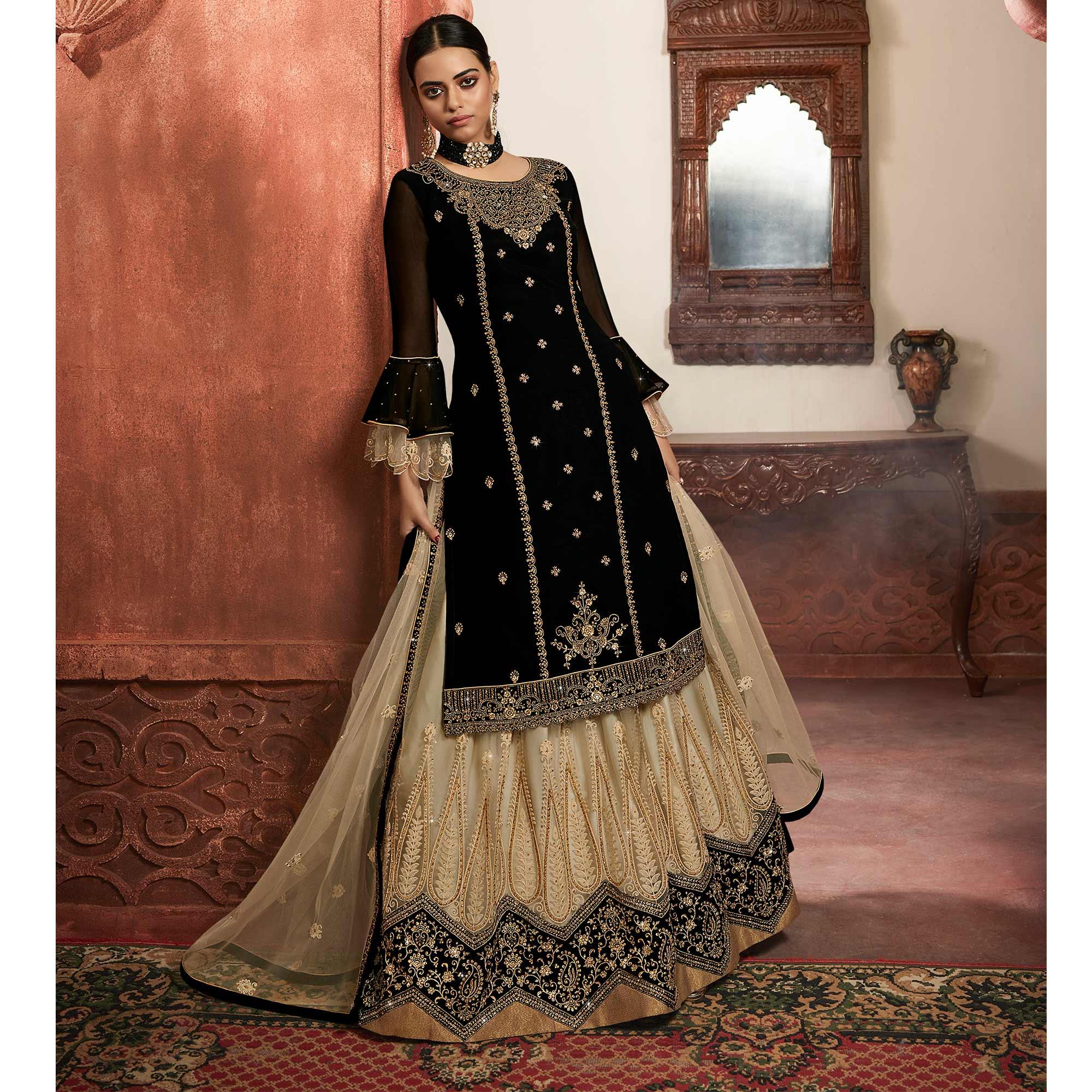 Attractive Black Coloured Partywear Embroidered Faux Georgette Sharara Style Salwar Suit - Peachmode