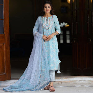Attractive Blue Colored Casual Wear Printed Cotton Kurti - Palazzo Set With Dupatta - Peachmode