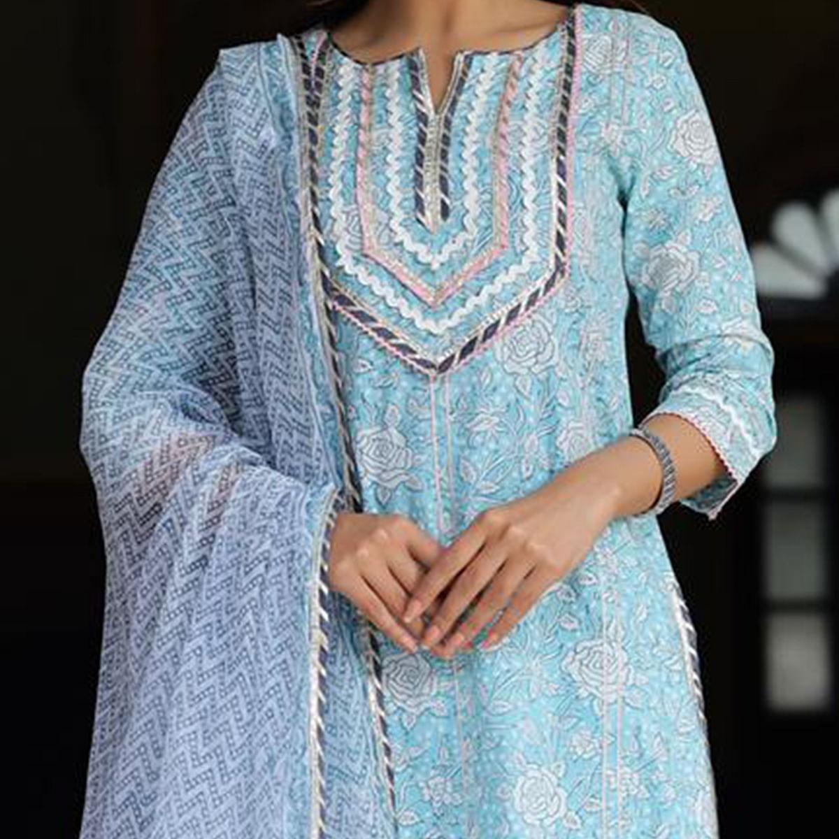 Attractive Blue Colored Casual Wear Printed Cotton Kurti - Palazzo Set With Dupatta - Peachmode