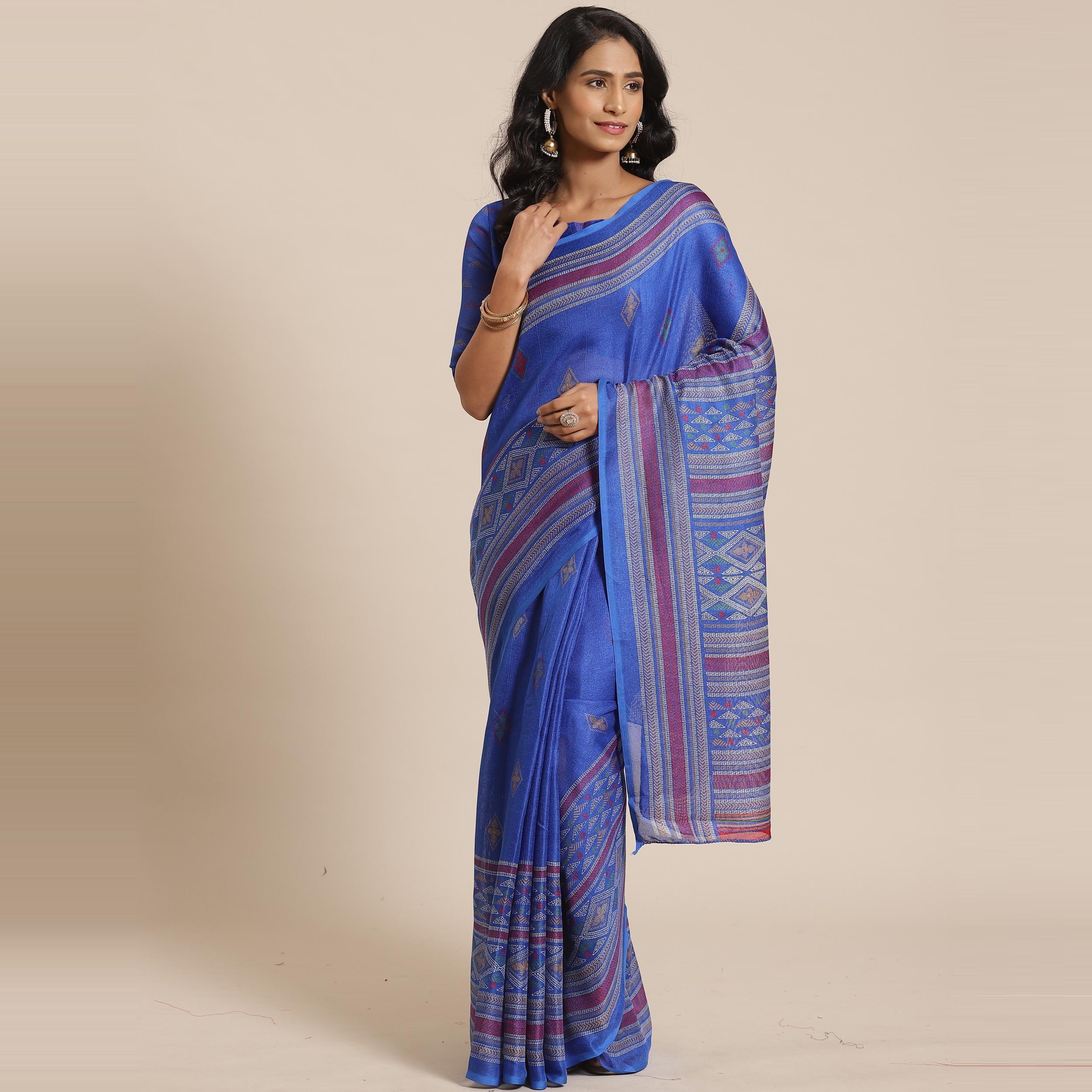 Attractive Blue Colored Casual Wear Printed Jute Silk Saree - Peachmode