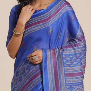 Attractive Blue Colored Casual Wear Printed Jute Silk Saree - Peachmode