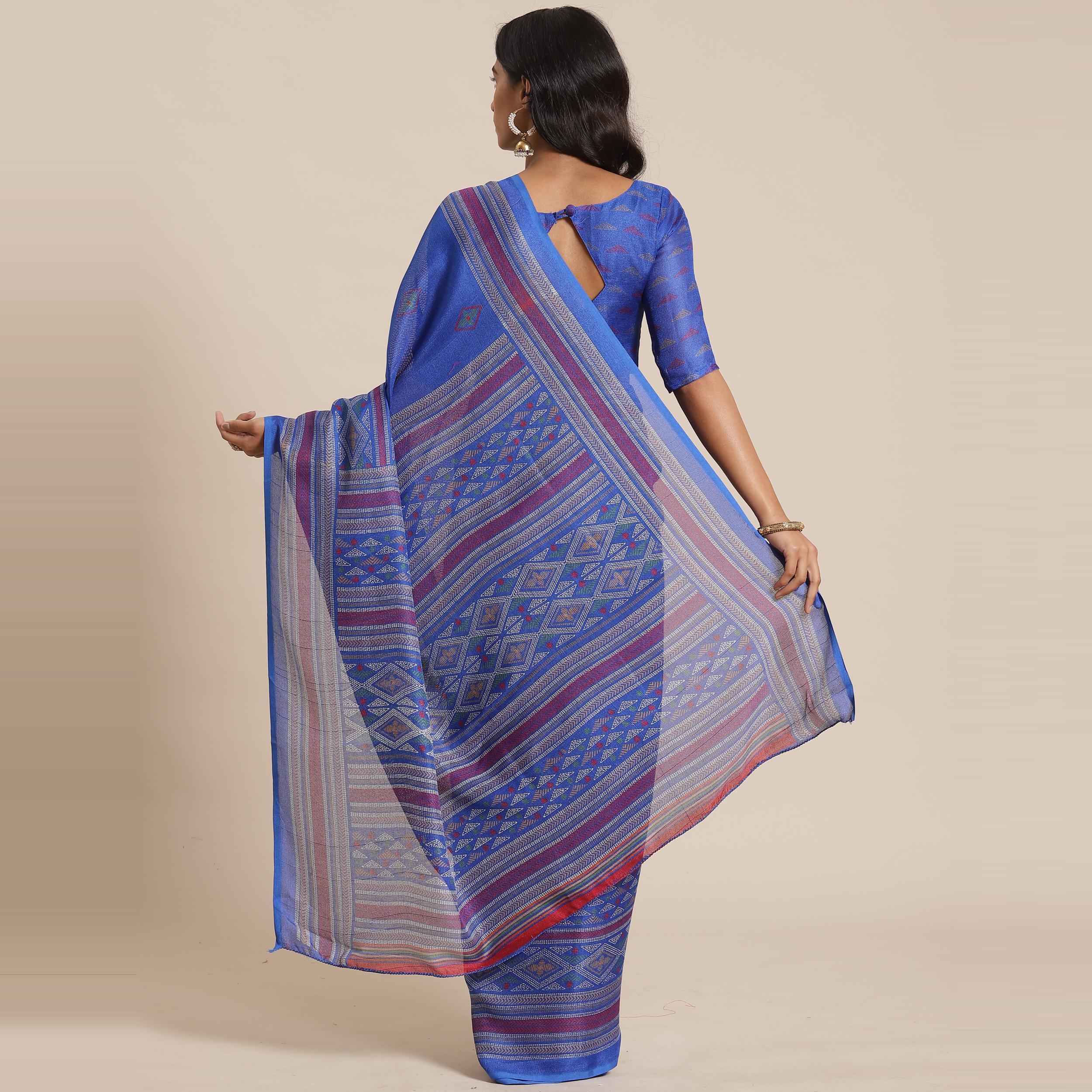 Attractive Blue Colored Casual Wear Printed Jute Silk Saree - Peachmode