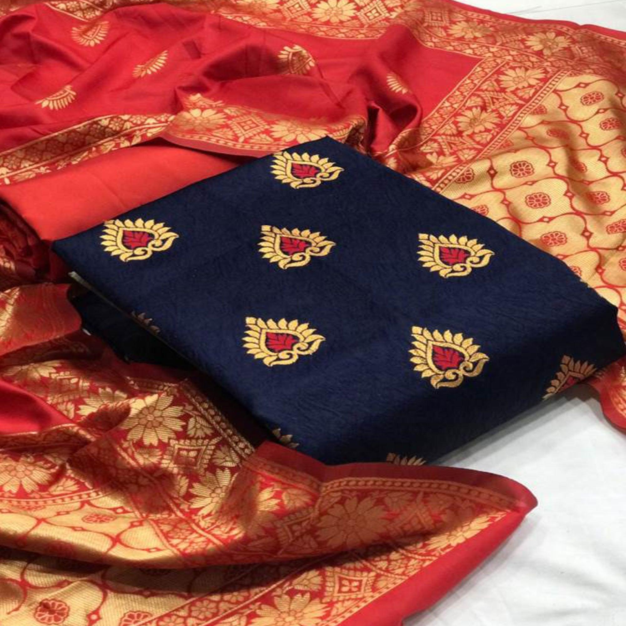 Attractive Blue Colored Casual Wear Woven Banarasi Silk Dress Material - Peachmode