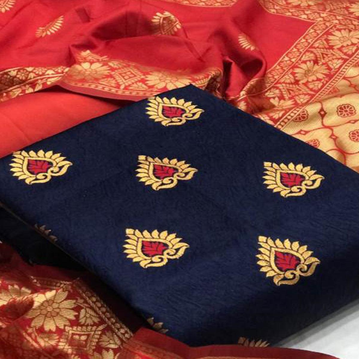 Attractive Blue Colored Casual Wear Woven Banarasi Silk Dress Material - Peachmode