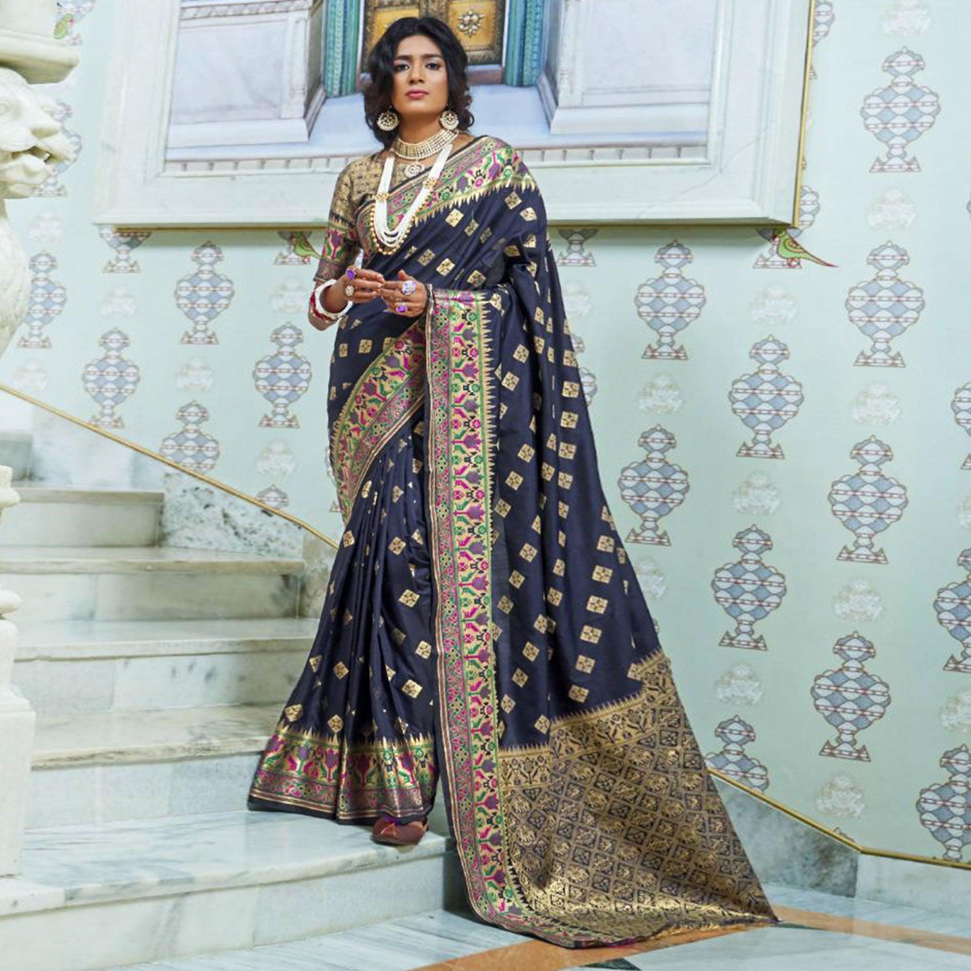 Attractive Blue Colored Festive Wear Woven Silk Saree - Peachmode