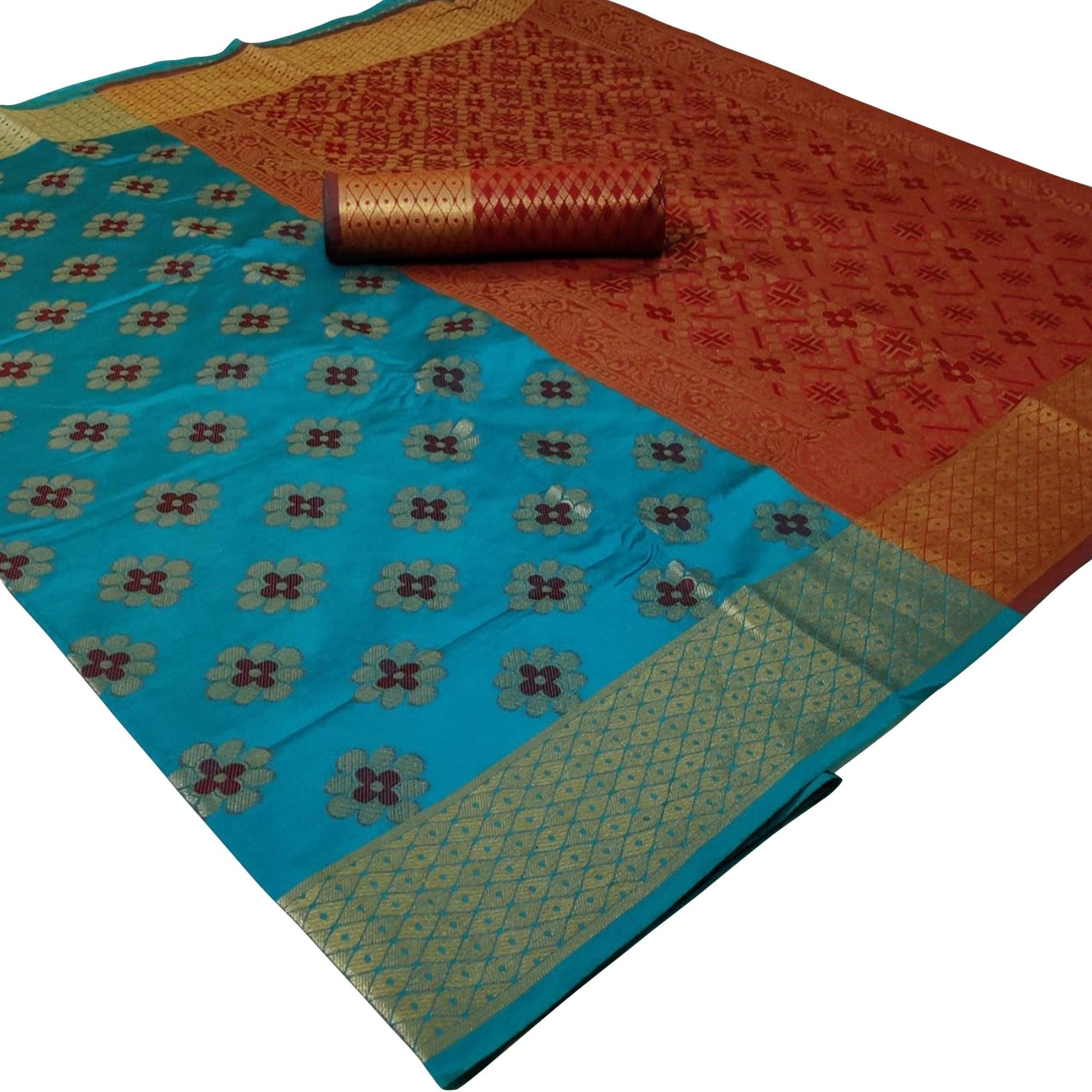 Attractive Blue Colored Festive Wear Woven Silk Saree - Peachmode