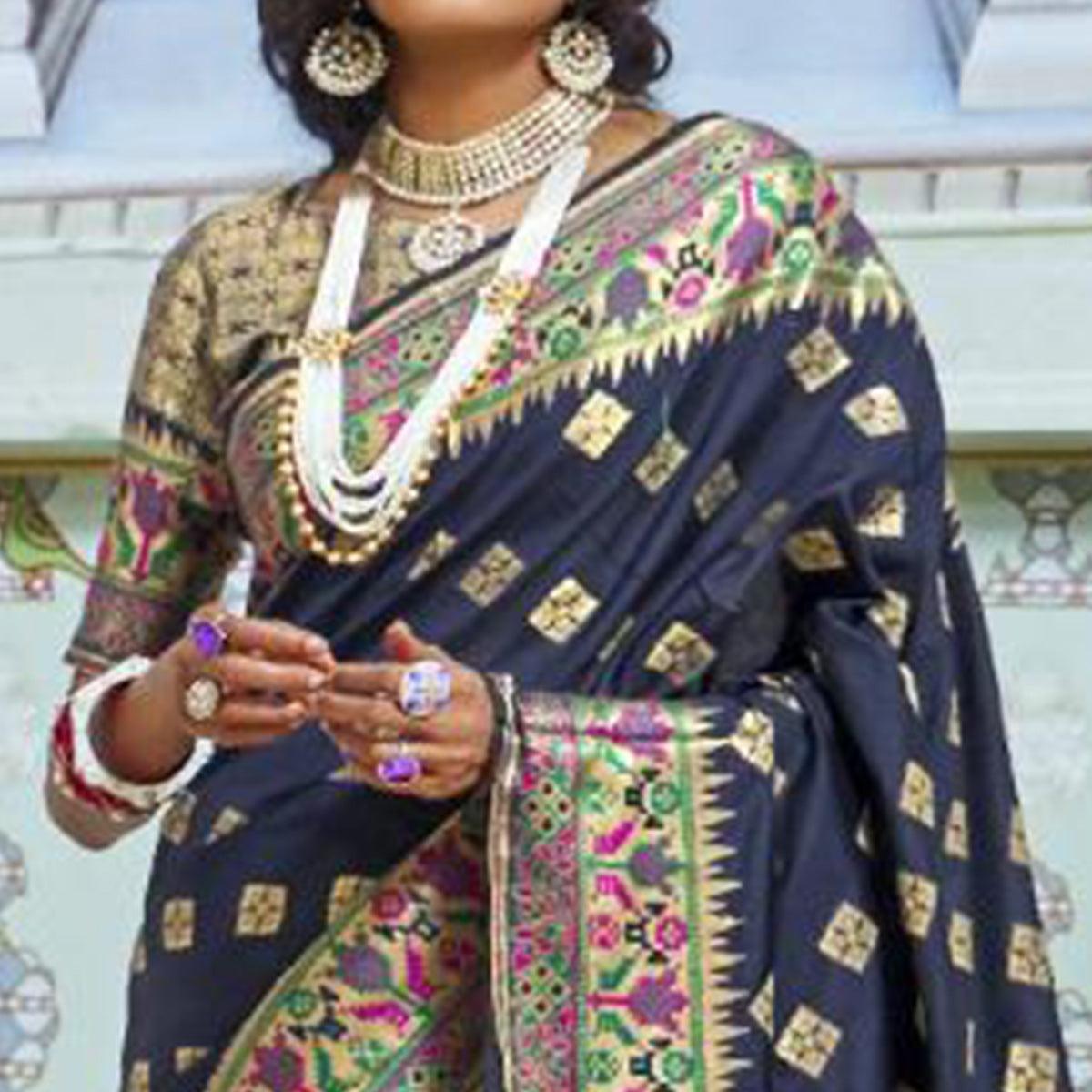 Attractive Blue Colored Festive Wear Woven Silk Saree - Peachmode