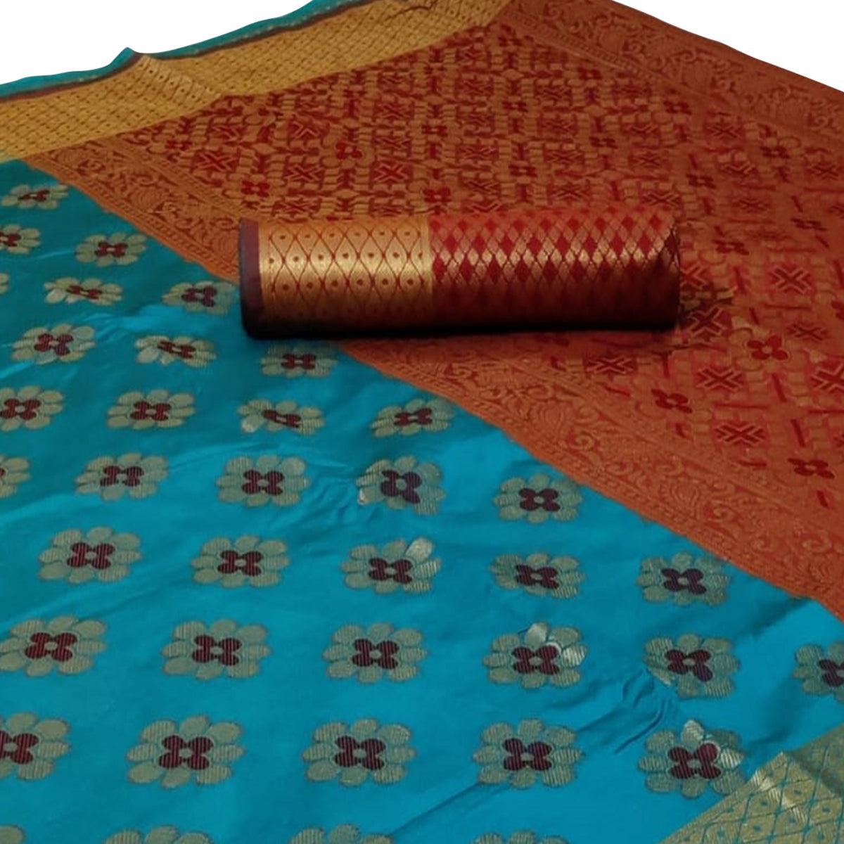 Attractive Blue Colored Festive Wear Woven Silk Saree - Peachmode