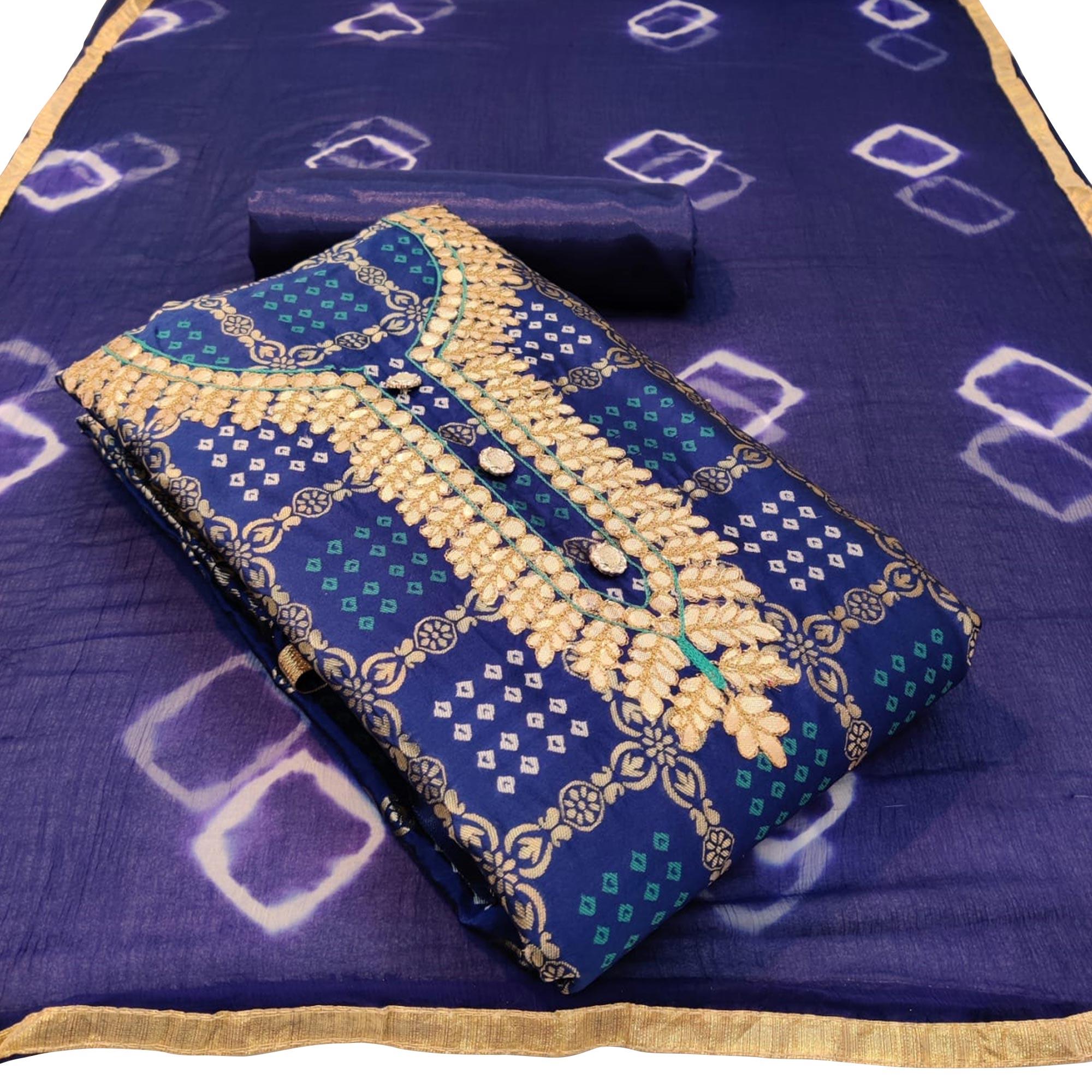 Attractive Blue Colored Partywear Embroidered Banarasi Jacquard Dress Material - Peachmode