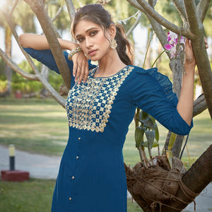 Attractive Blue Colored Partywear Embroidered Cotton Silk Kurti-Palazzo Set - Peachmode