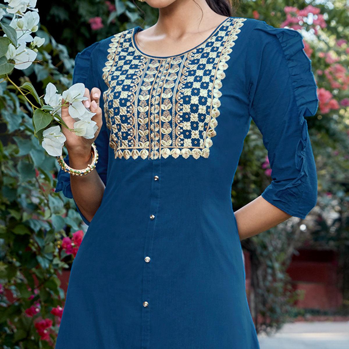 Attractive Blue Colored Partywear Embroidered Cotton Silk Kurti-Palazzo Set - Peachmode