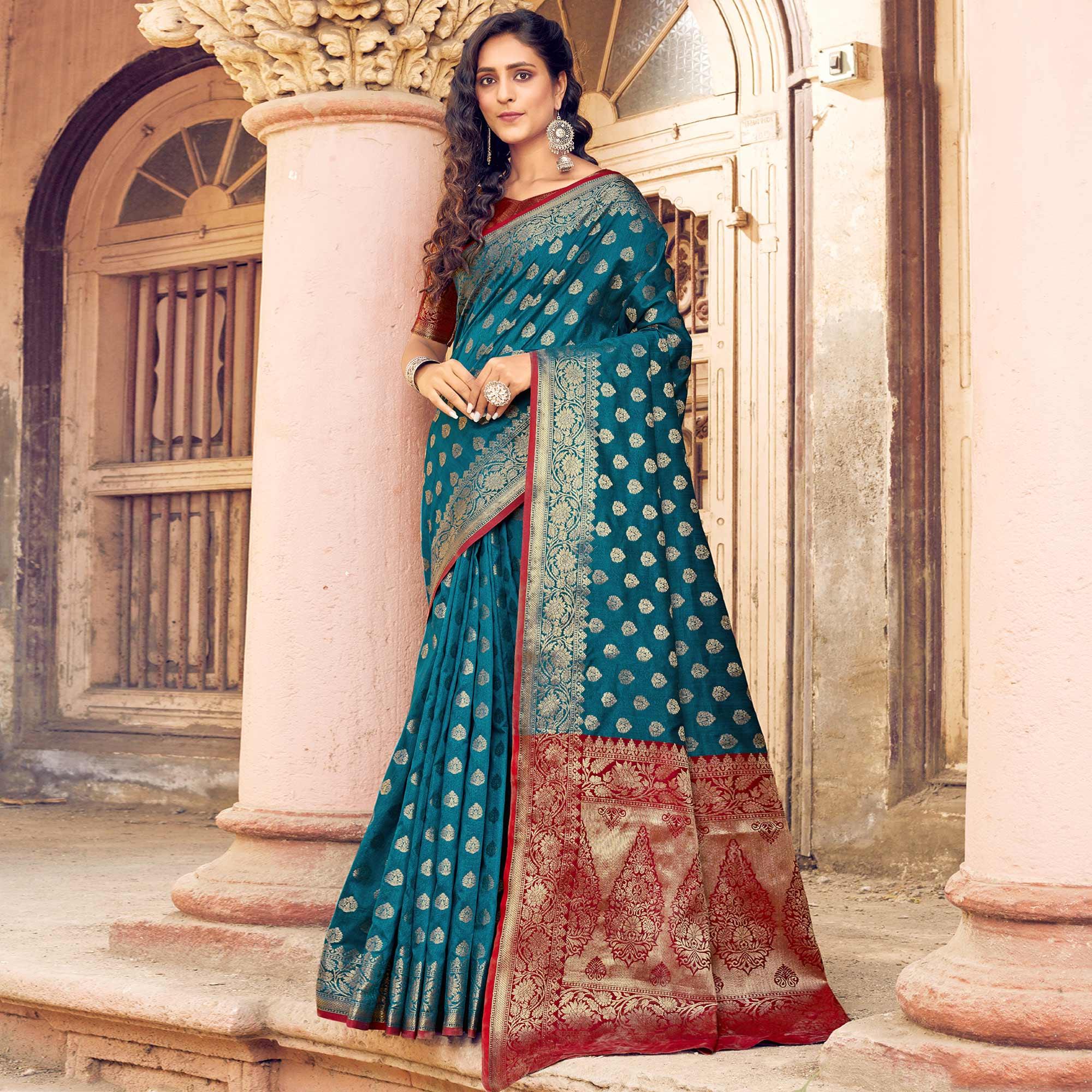 Attractive Blue Coloured Designer Partywear Weaving Silk Saree - Peachmode