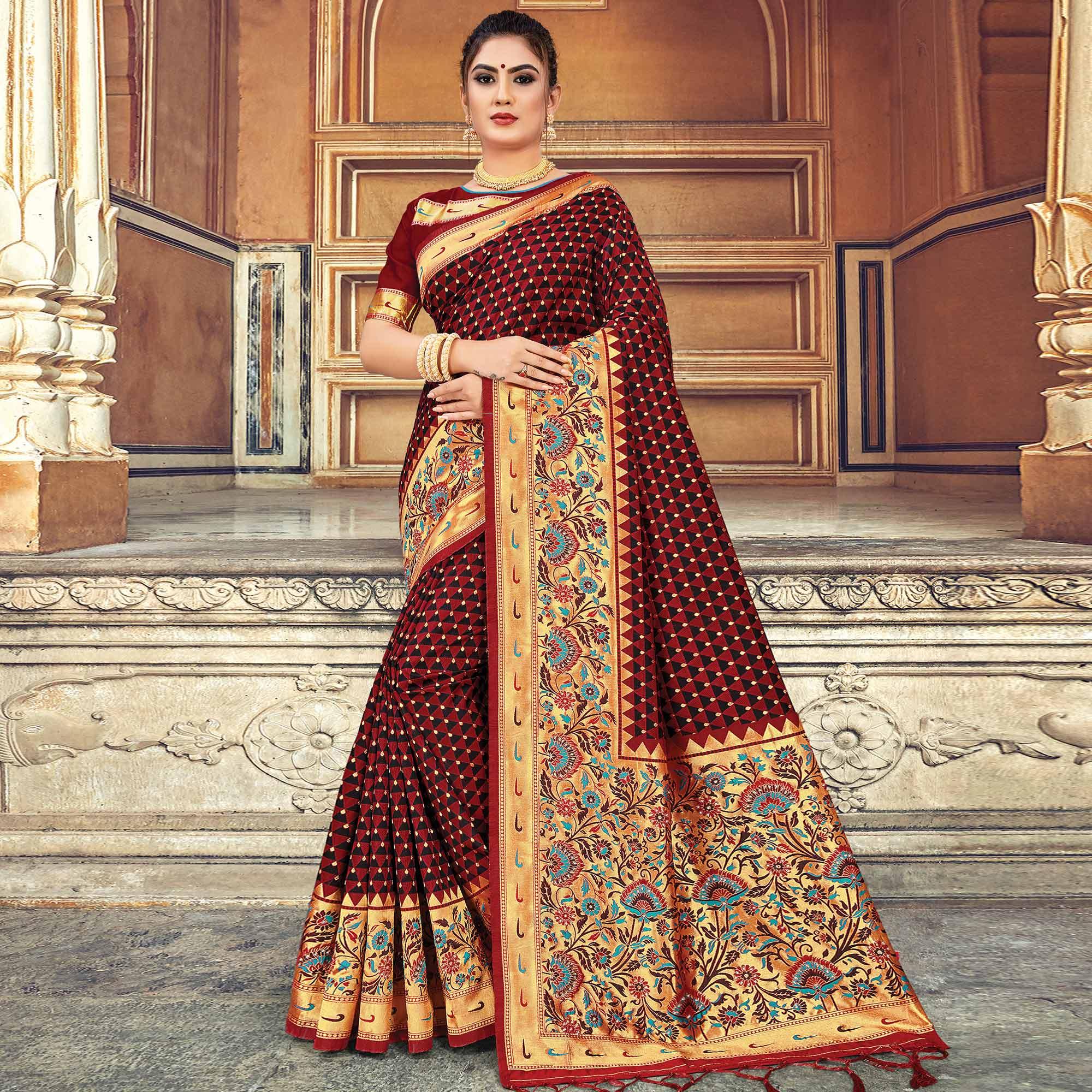Attractive Brown Colored Festive Wear Woven Silk Saree - Peachmode
