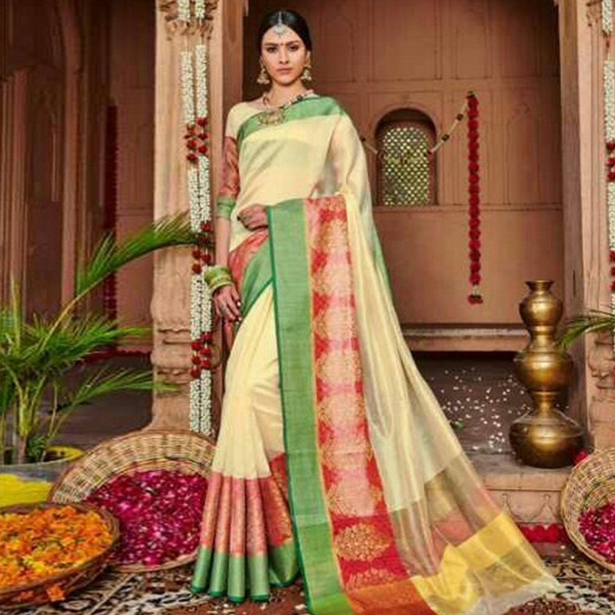 Attractive Cream Colored Festive Wear Woven Art Silk Saree - Peachmode