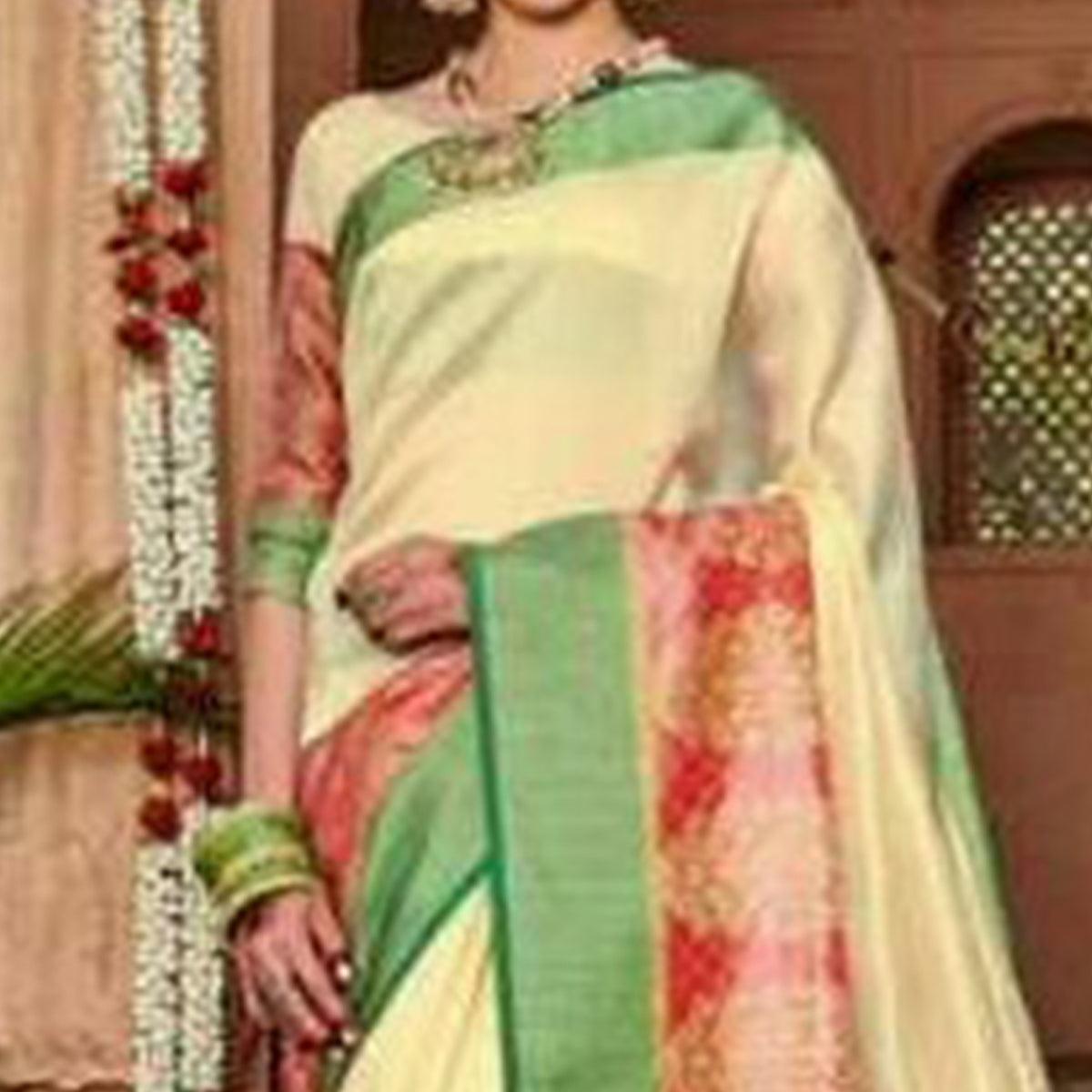 Attractive Cream Colored Festive Wear Woven Art Silk Saree - Peachmode