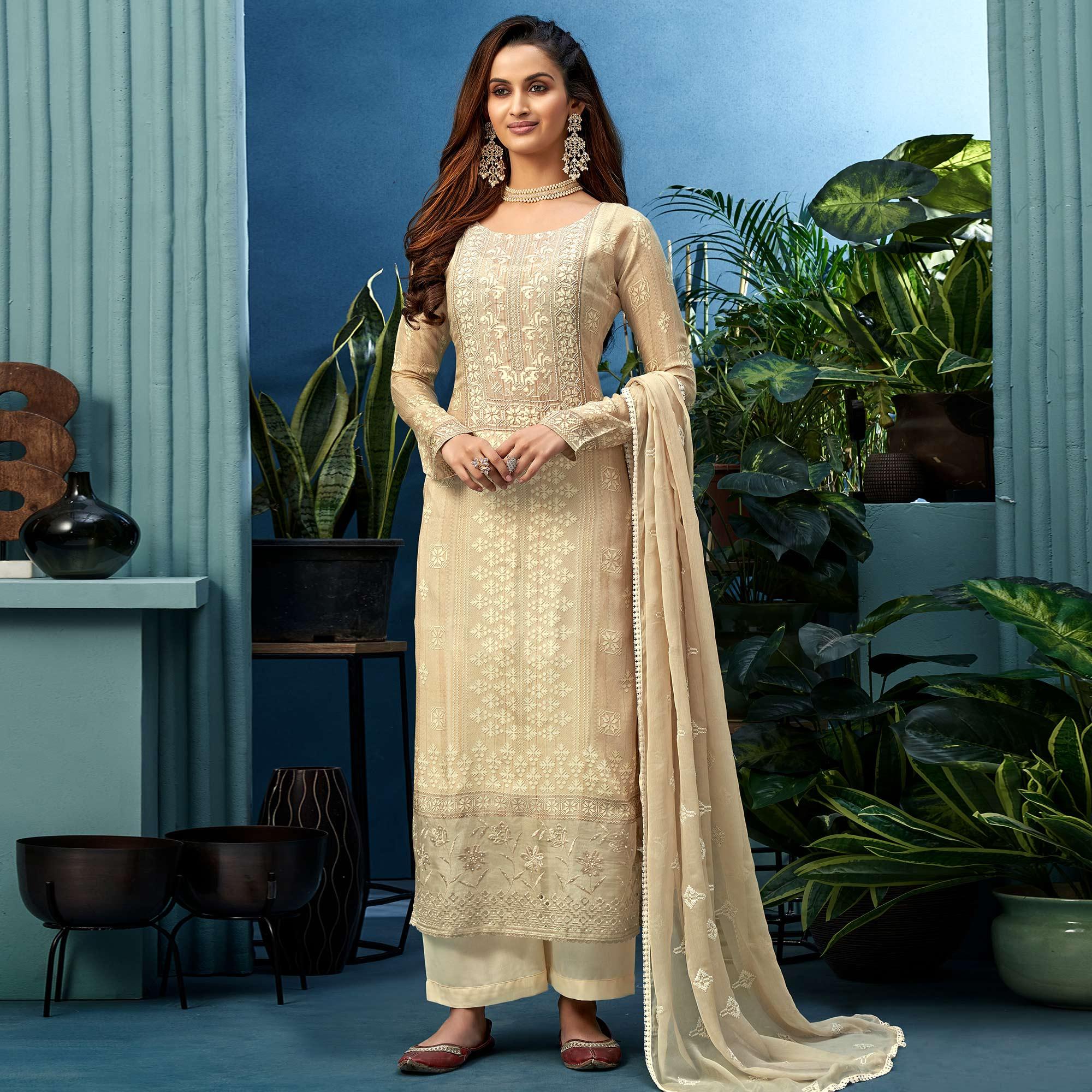 Attractive Cream Colored Partywear Digital Printed Pure Muslin Palazzo Suit - Peachmode