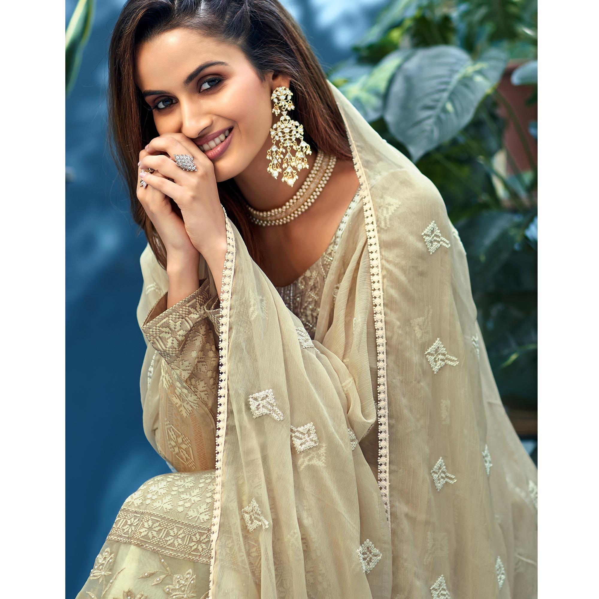 Attractive Cream Colored Partywear Digital Printed Pure Muslin Palazzo Suit - Peachmode