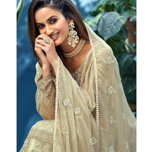 Attractive Cream Colored Partywear Digital Printed Pure Muslin Palazzo Suit - Peachmode