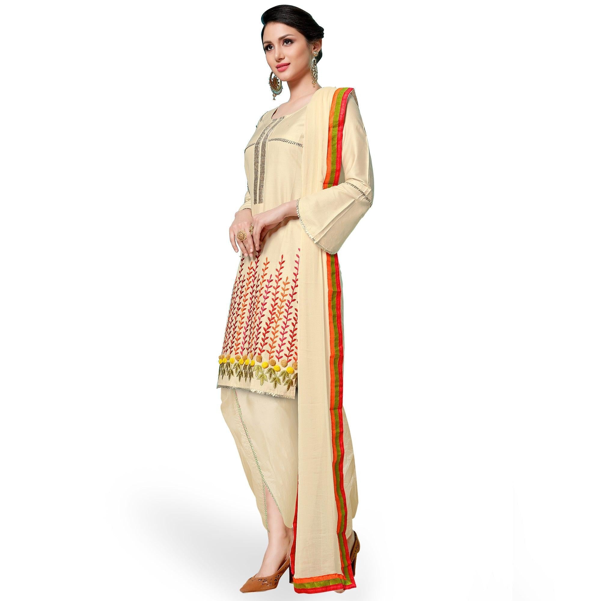 Attractive Cream Colored Partywear Embroidered Cotton Dress Material - Peachmode