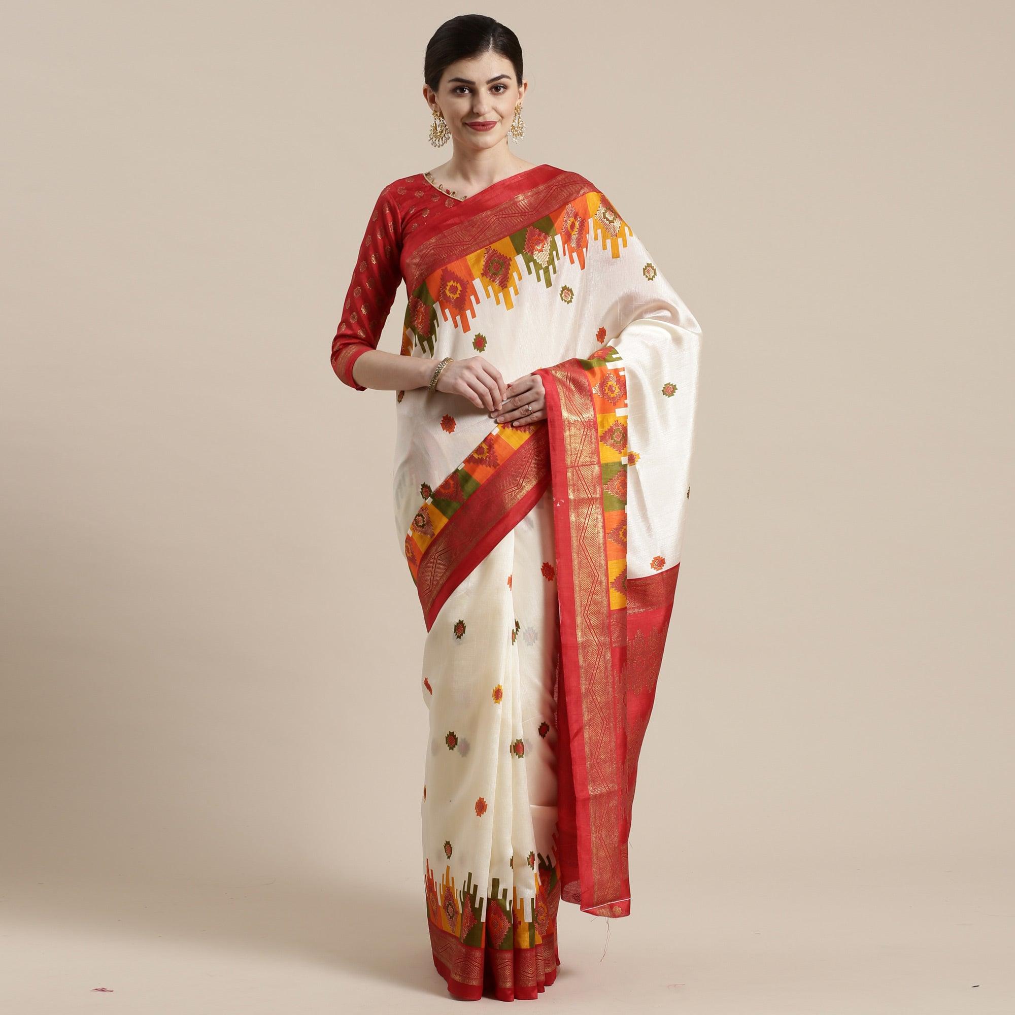 Attractive Cream-Red Colored Festive Wear Tample Foli Print Patola Silk Saree - Peachmode